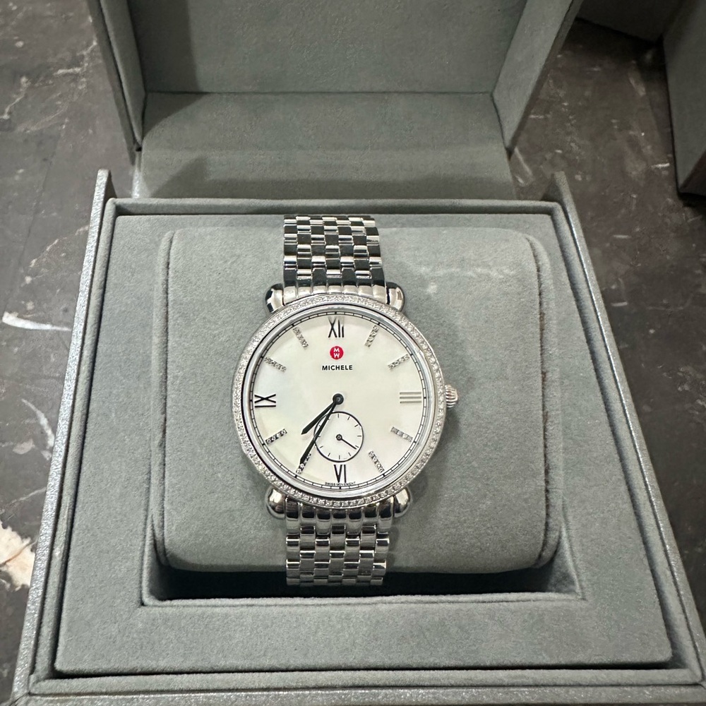 Michele Silver Watch with White Face